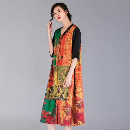 Chinese Style Printed Loose V-Neck Dress