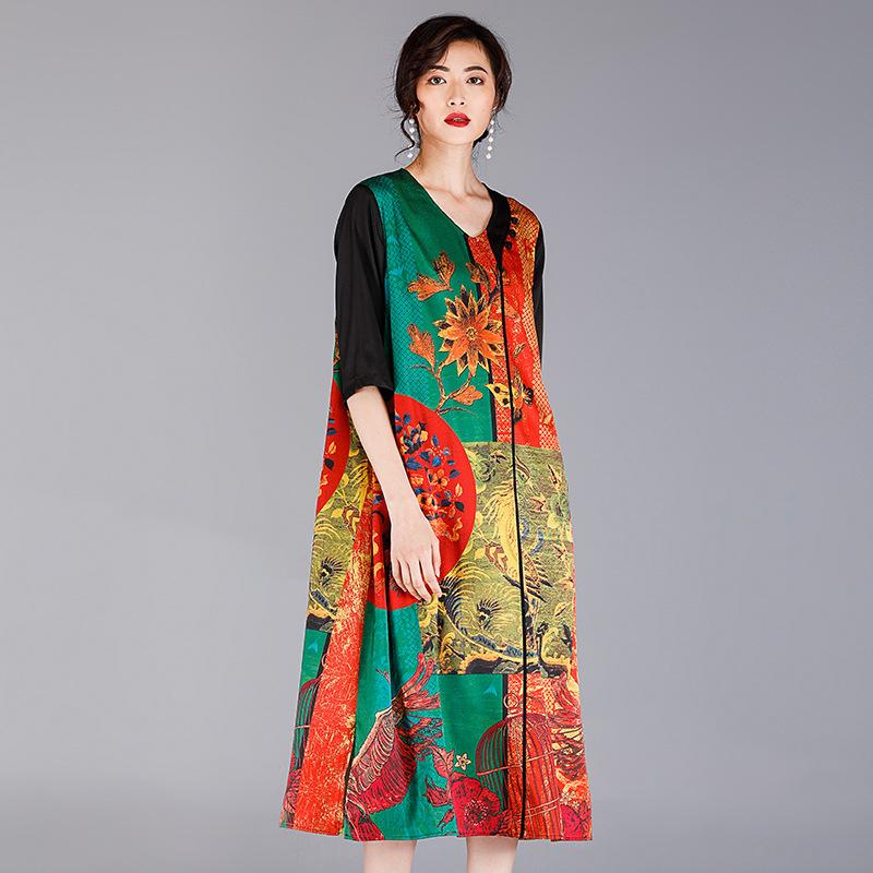 Chinese Style Printed Loose V-Neck Dress