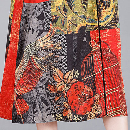 Chinese Style Printed Loose V-Neck Dress