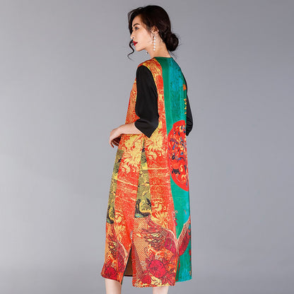 Chinese Style Printed Loose V-Neck Dress