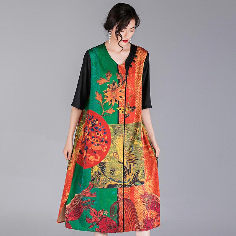 Chinese Style Printed Loose V-Neck Dress