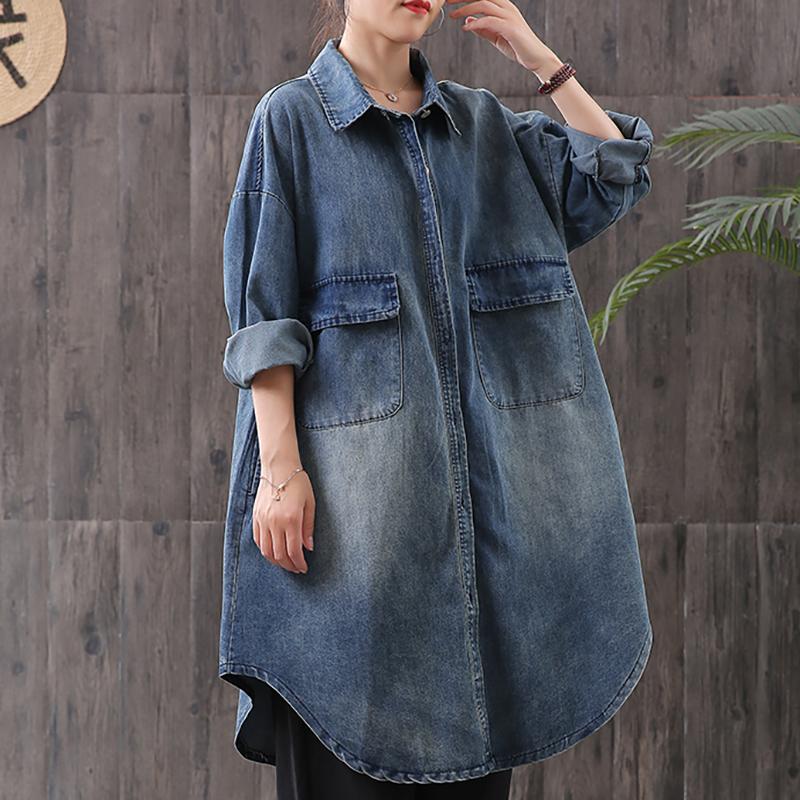 Classic Simple Large Pockets Denim Loose Long Coat