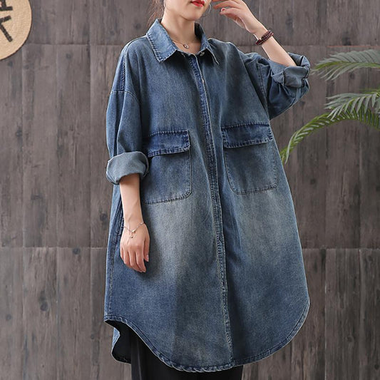 Classic Simple Large Pockets Denim Loose Long Coat