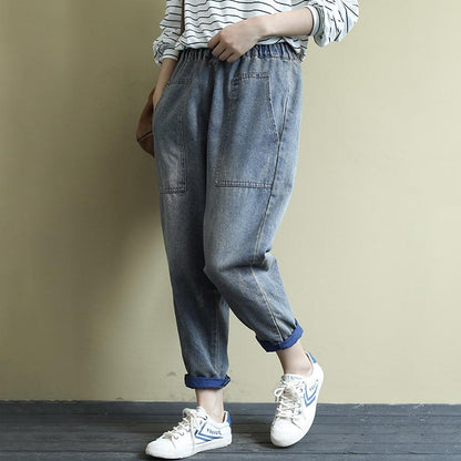 Buykud Classic Solid Color Large Pocket Harem Jeans