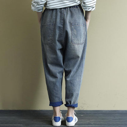 Buykud Classic Solid Color Large Pocket Harem Jeans