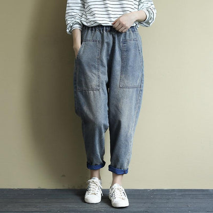 Buykud Classic Solid Color Large Pocket Harem Jeans