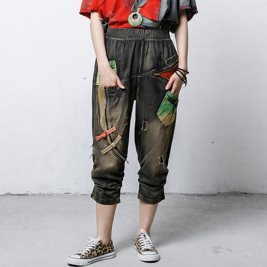 Color Matching Burr Frayed Zipper Personality Jeans