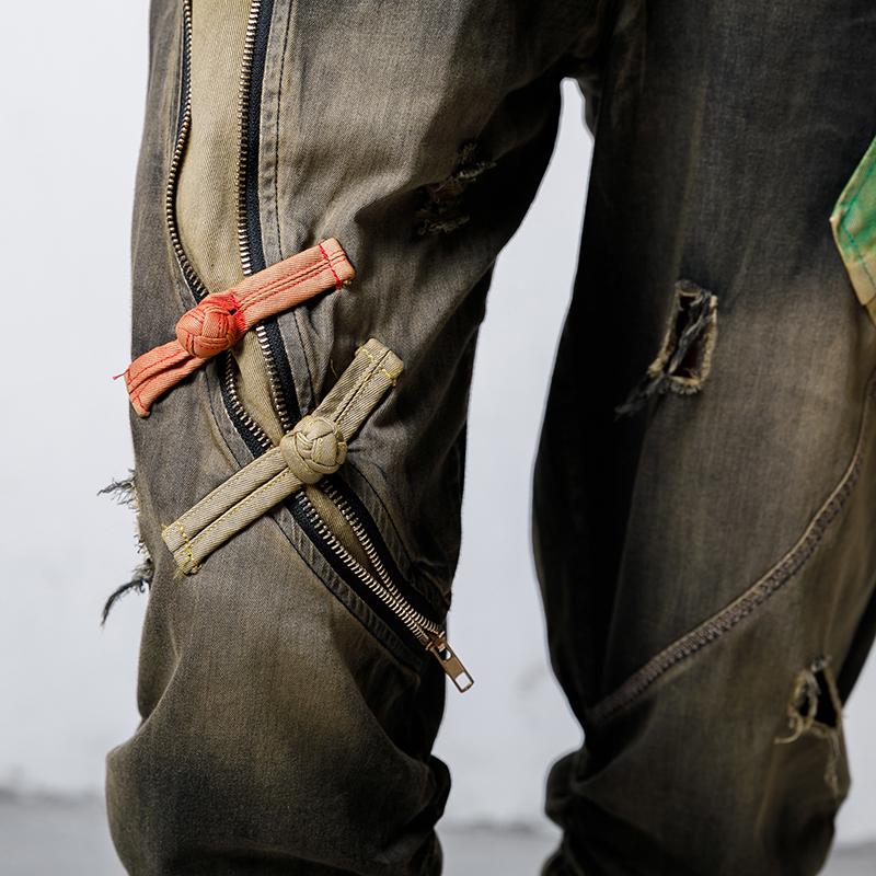 Color Matching Burr Frayed Zipper Personality Jeans