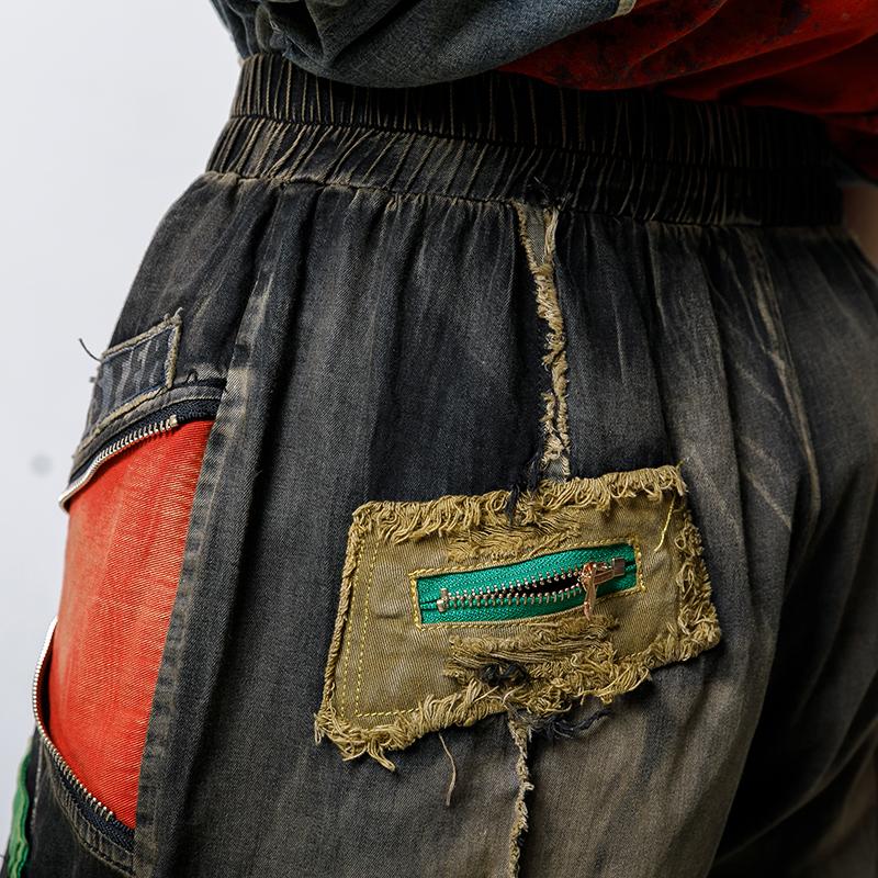 Color Matching Burr Frayed Zipper Personality Jeans