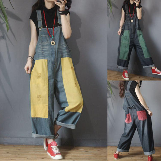 Color Matching Frayed Personality Loose Jumpsuit