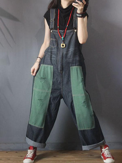 Color Matching Frayed Personality Loose Jumpsuit