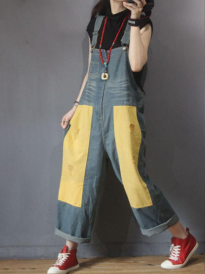 Color Matching Frayed Personality Loose Jumpsuit