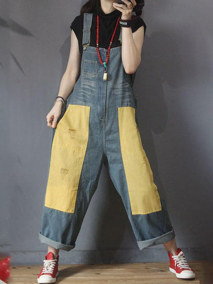 Color Matching Frayed Personality Loose Jumpsuit