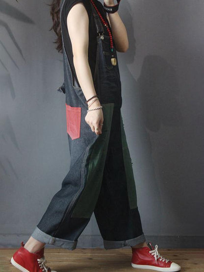 Color Matching Frayed Personality Loose Jumpsuit