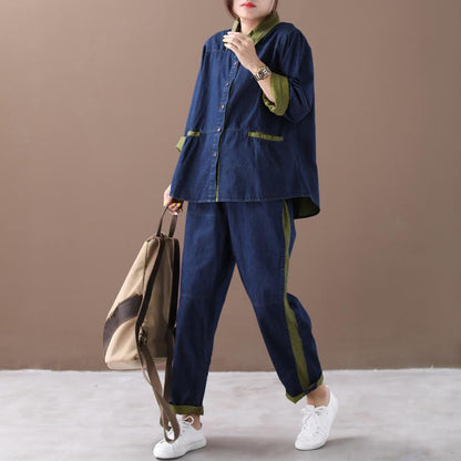 Colorblocked Denim Casual Retro Two Piece Suit