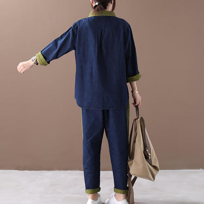 Colorblocked Denim Casual Retro Two Piece Suit