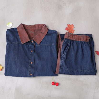 Colorblocked Denim Casual Retro Two Piece Suit