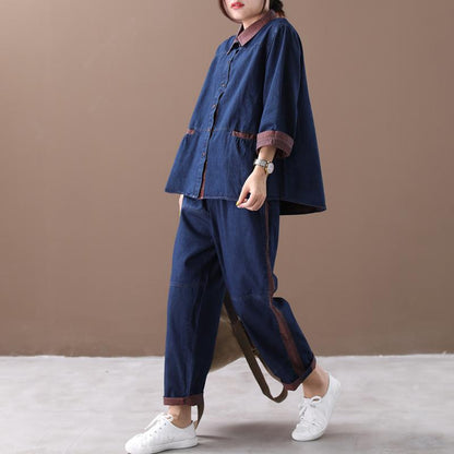 Colorblocked Denim Casual Retro Two Piece Suit