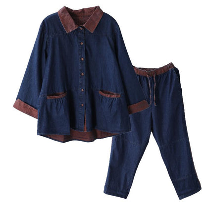 Colorblocked Denim Casual Retro Two Piece Suit