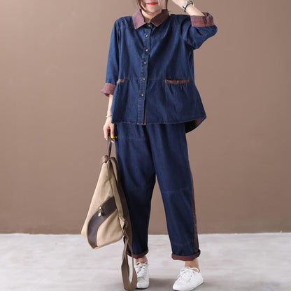 Colorblocked Denim Casual Retro Two Piece Suit