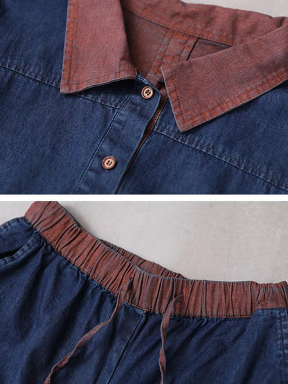 Colorblocked Denim Casual Retro Two Piece Suit