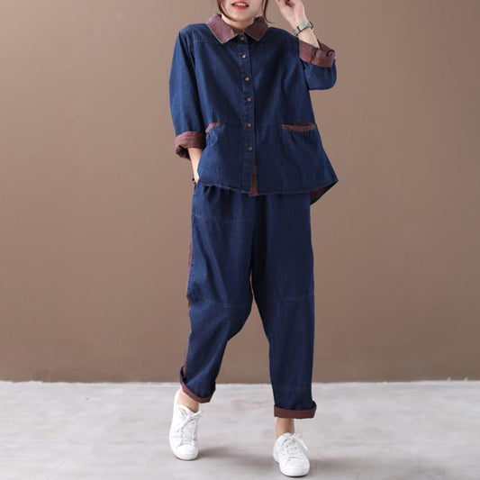 Colorblocked Denim Casual Retro Two Piece Suit