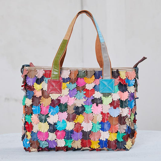 Colored Leather Floral Decoration Fashion Tote Bag