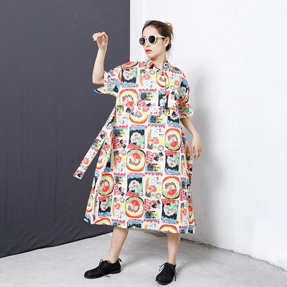 Colorful Graffiti Lacing Split Hem Loose Dress