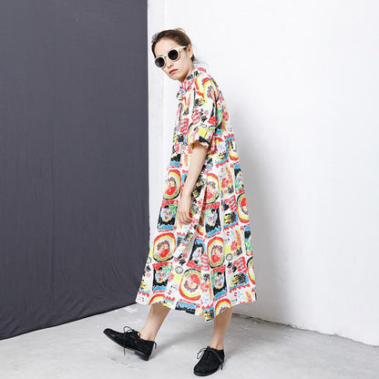 Colorful Graffiti Lacing Split Hem Loose Dress