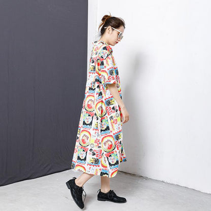 Colorful Graffiti Lacing Split Hem Loose Dress
