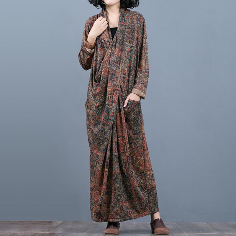 Comfortable Printed V-Neck Retro Loose Dress