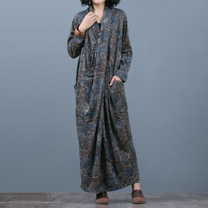 Comfortable Printed V-Neck Retro Loose Dress