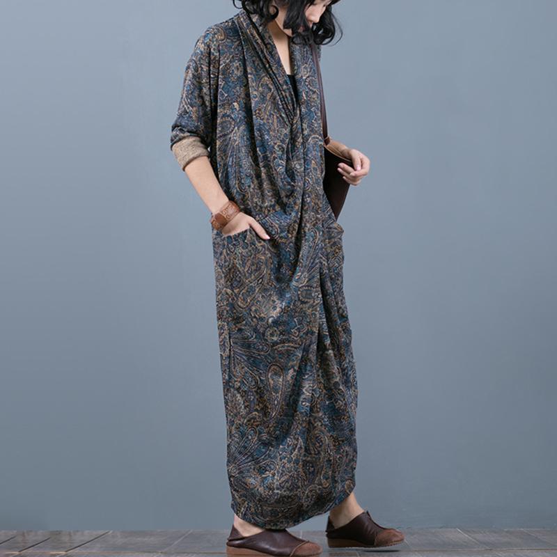 Comfortable Printed V-Neck Retro Loose Dress