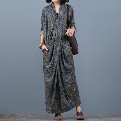 Comfortable Printed V-Neck Retro Loose Dress