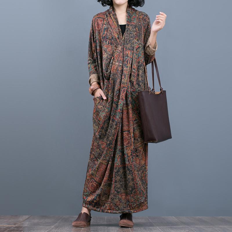 Comfortable Printed V-Neck Retro Loose Dress