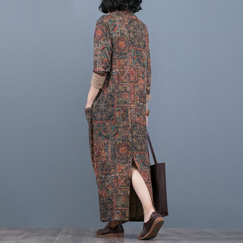 Comfortable Printed V-Neck Retro Loose Dress