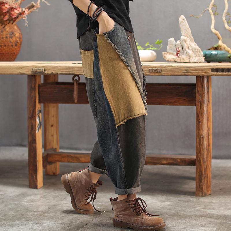 Contrast Color Burr Casual Harem Jeans