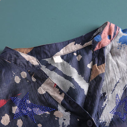 Contrast Color Printed V-Neck Loose Blouse