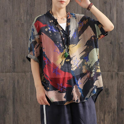 Contrast Color Printed V-Neck Loose Blouse
