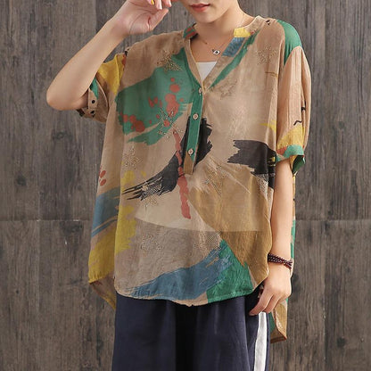 Contrast Color Printed V-Neck Loose Blouse