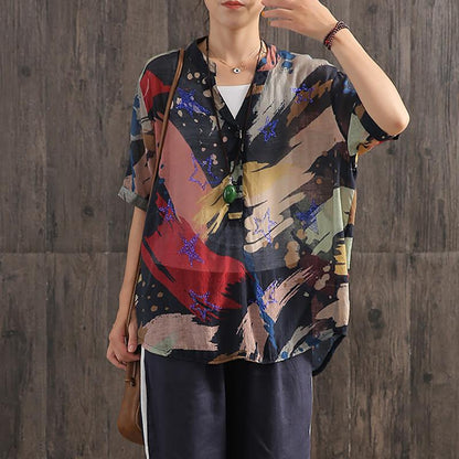 Contrast Color Printed V-Neck Loose Blouse