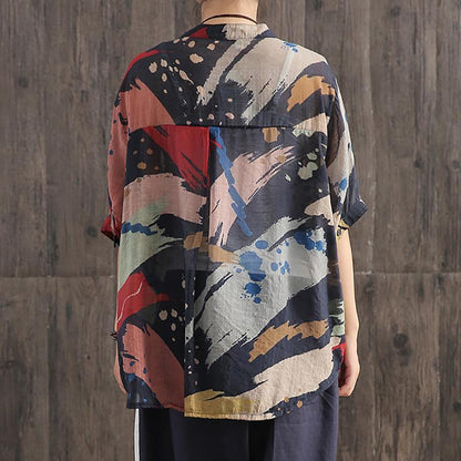 Contrast Color Printed V-Neck Loose Blouse