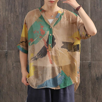 Contrast Color Printed V-Neck Loose Blouse