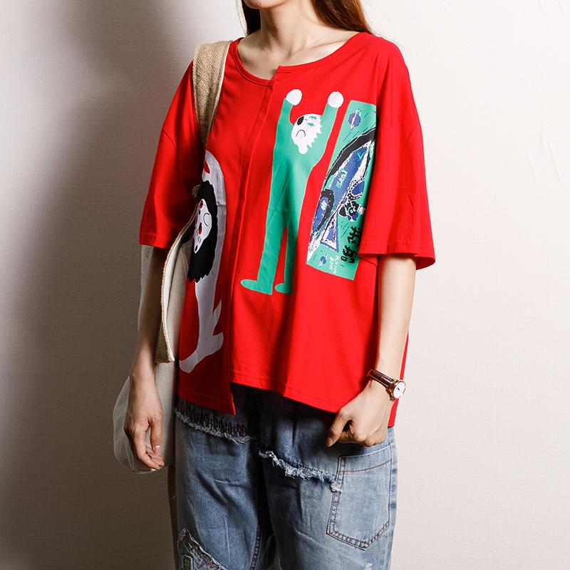 Cotton Asymmetrical Print Short Sleeve Blouse