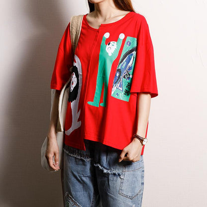 Cotton Asymmetrical Print Short Sleeve Blouse