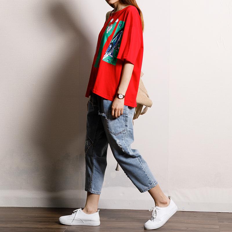 Cotton Asymmetrical Print Short Sleeve Blouse