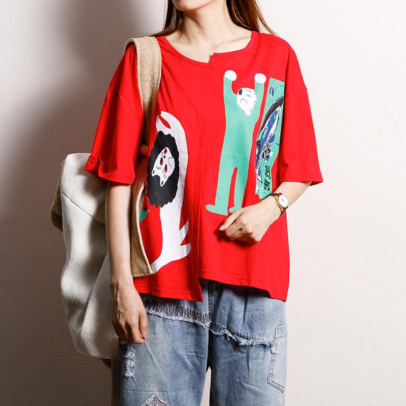 Cotton Asymmetrical Print Short Sleeve Blouse