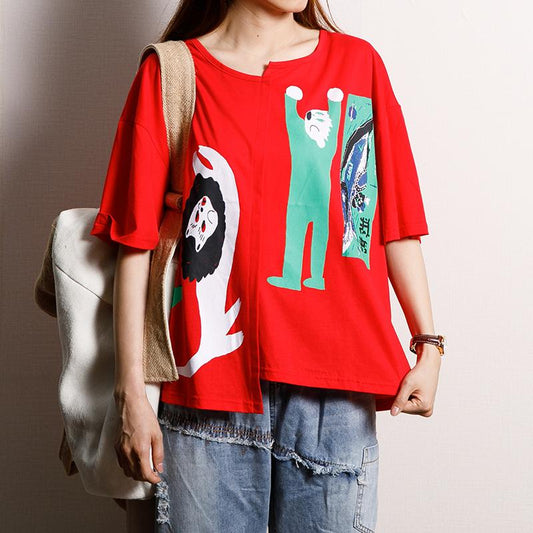 Cotton Asymmetrical Print Short Sleeve Blouse