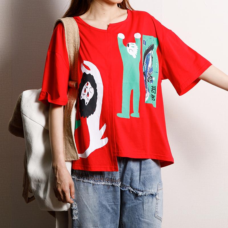 Cotton Asymmetrical Print Short Sleeve Blouse