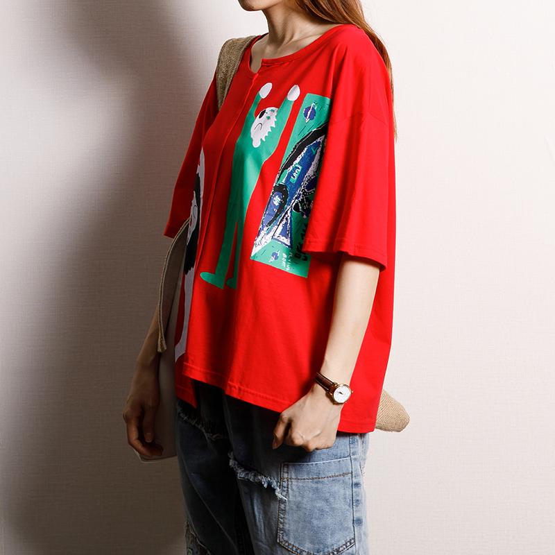 Cotton Asymmetrical Print Short Sleeve Blouse